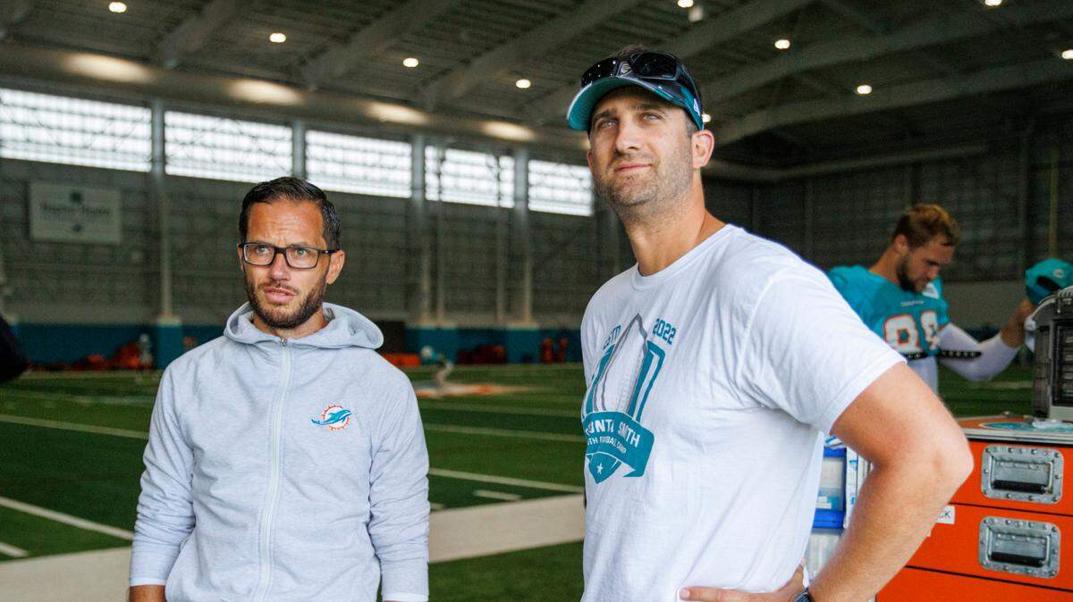 Miami Dolphins head coach Mike McDaniel talks with Philadelphia Eagles Nick Sirianni during an NFL football training camp at Baptist Health Training Complex in Hard Rock Stadium on Wednesday, August 24, 2022 in Miami Gardens, Florida.