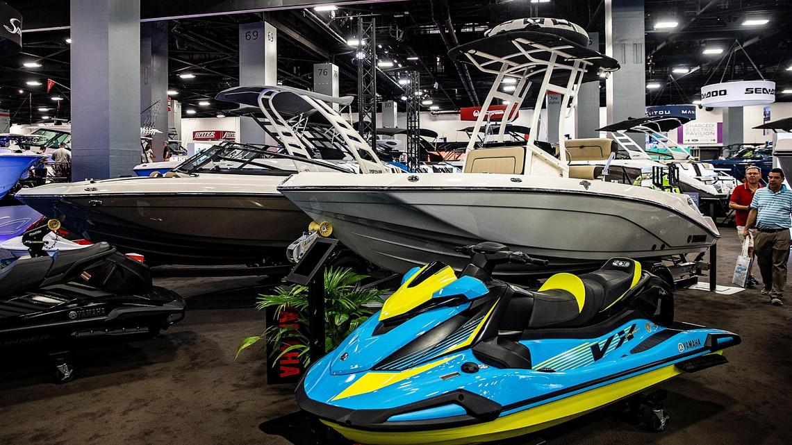 Here’s the Yamaha 195S, left, and Yahama fishing sport boats with starting prices under $50,000 on display at Miami Beach Convention Center, during the 2023 Miami International Boat Show, on Feb. 17, 2023.