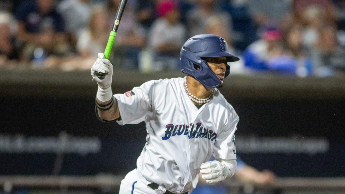 Victor Mesa Jr. (8) bats during the Montgomery Biscuits vs Pensacola Blue Wahoos baseball game on opening night at Blue Wahoos Stadium in Pensacola on Friday, April 7, 2023.