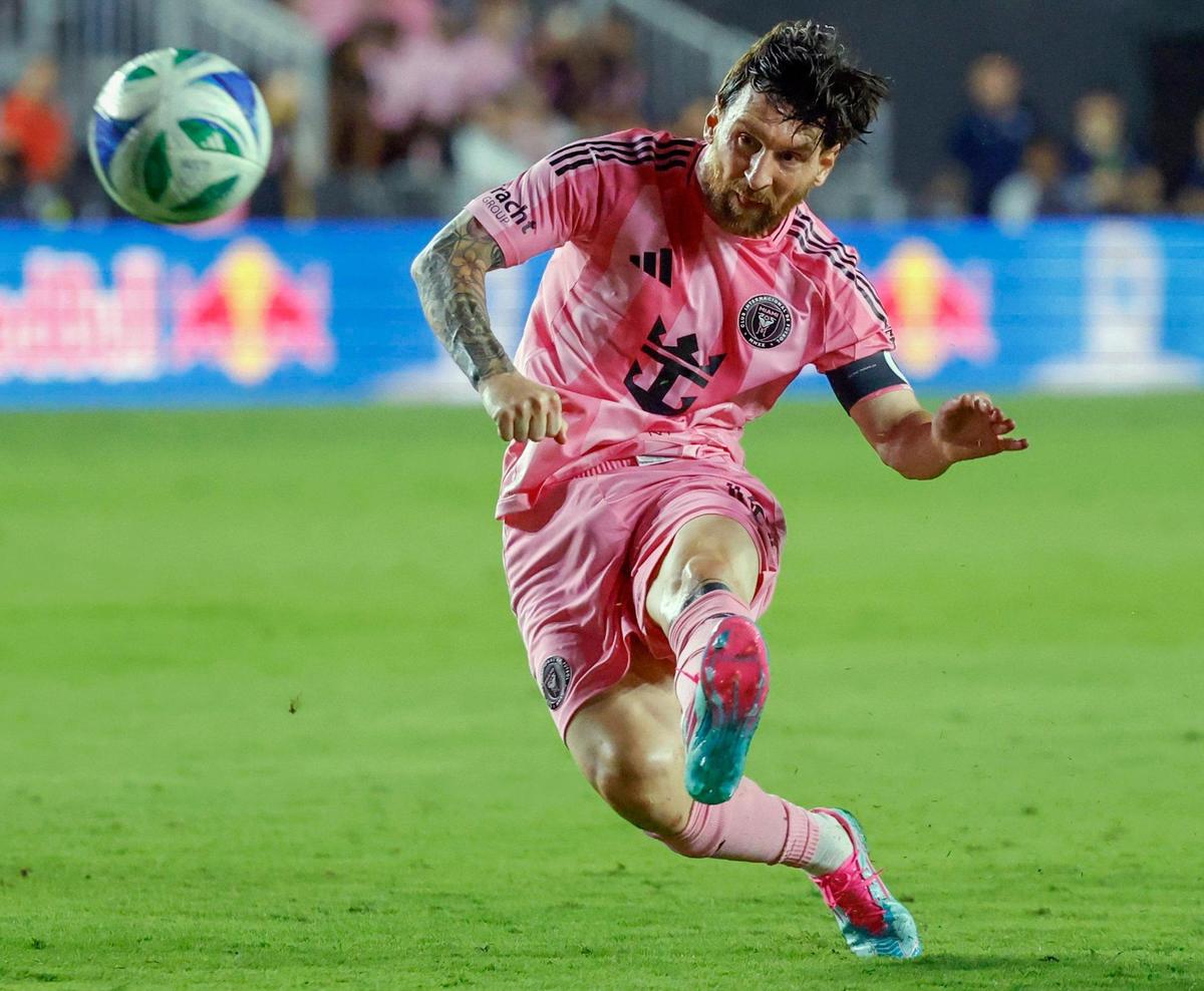 Inter Miami forward Lionel Messi (10) kicks the ball during match against New York Red Bulls at Chase Stadium in Fort Lauderdale, Florida on Saturday, May 3, 2025.