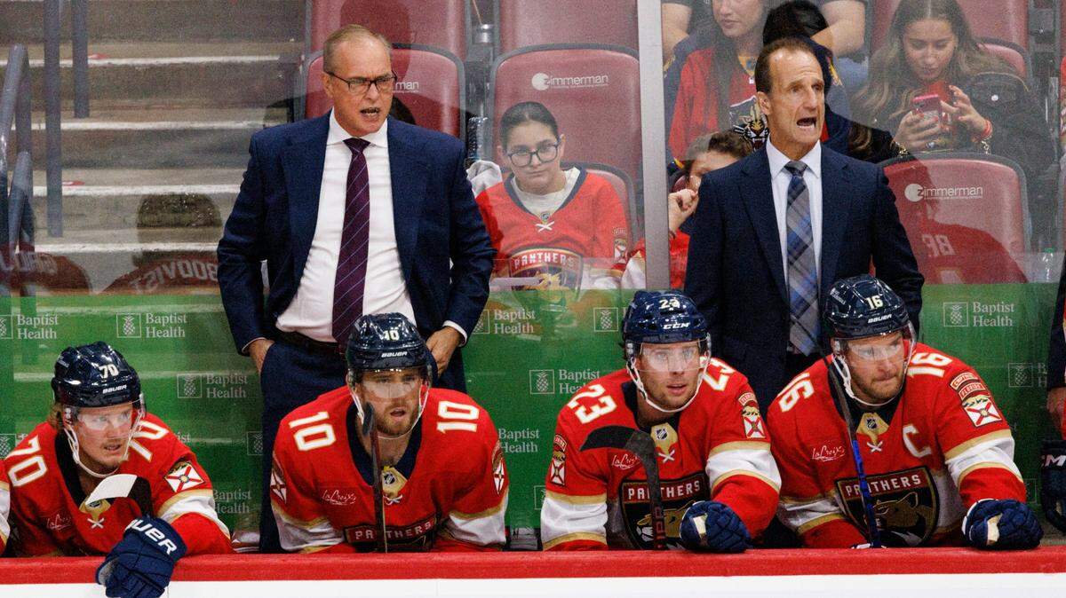 Head Coach Paul Maurice yells to the team during the second period of home opener of the Florida Panthers against the Boston Bruins on Tuesday, Oct. 8, 2024, at Amerant Bank Arena in Sunrise, Fla.