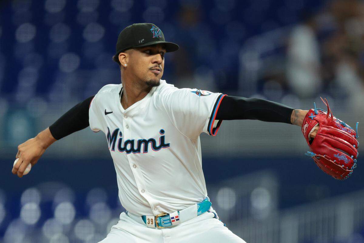 Sep 10, 2025; Miami, Florida, USA; Miami Marlins starting pitcher Eury Perez (39) delivers a pitch against the Washington Nationals during the first inning at loanDepot Park. Mandatory Credit: Sam Navarro-Imagn Images