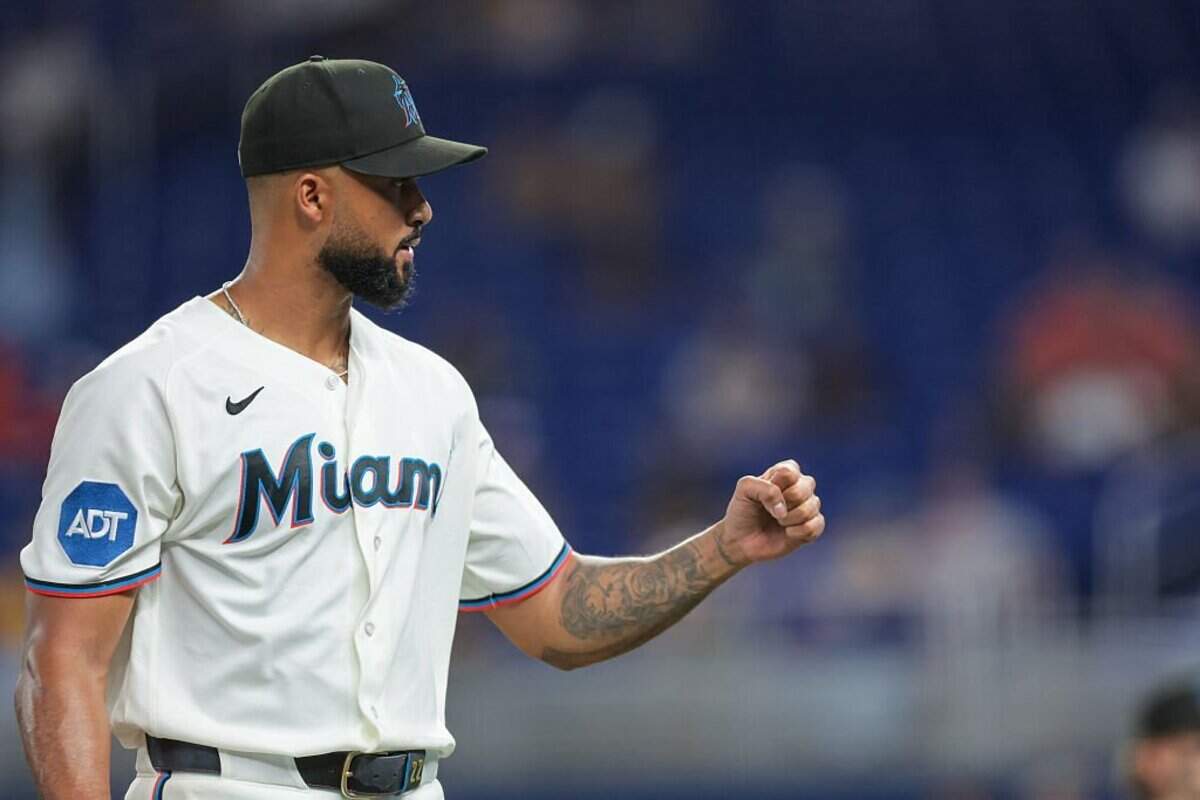 MIAMI, FLORIDA - JUNE 23: Sandy Alcantara #22 of the Miami Marlins reacts against the Texas Rangers during the first inning at loanDepot park on June 23, 2026 in Miami, Florida. (Photo by Sam Navarro/Getty Images)
