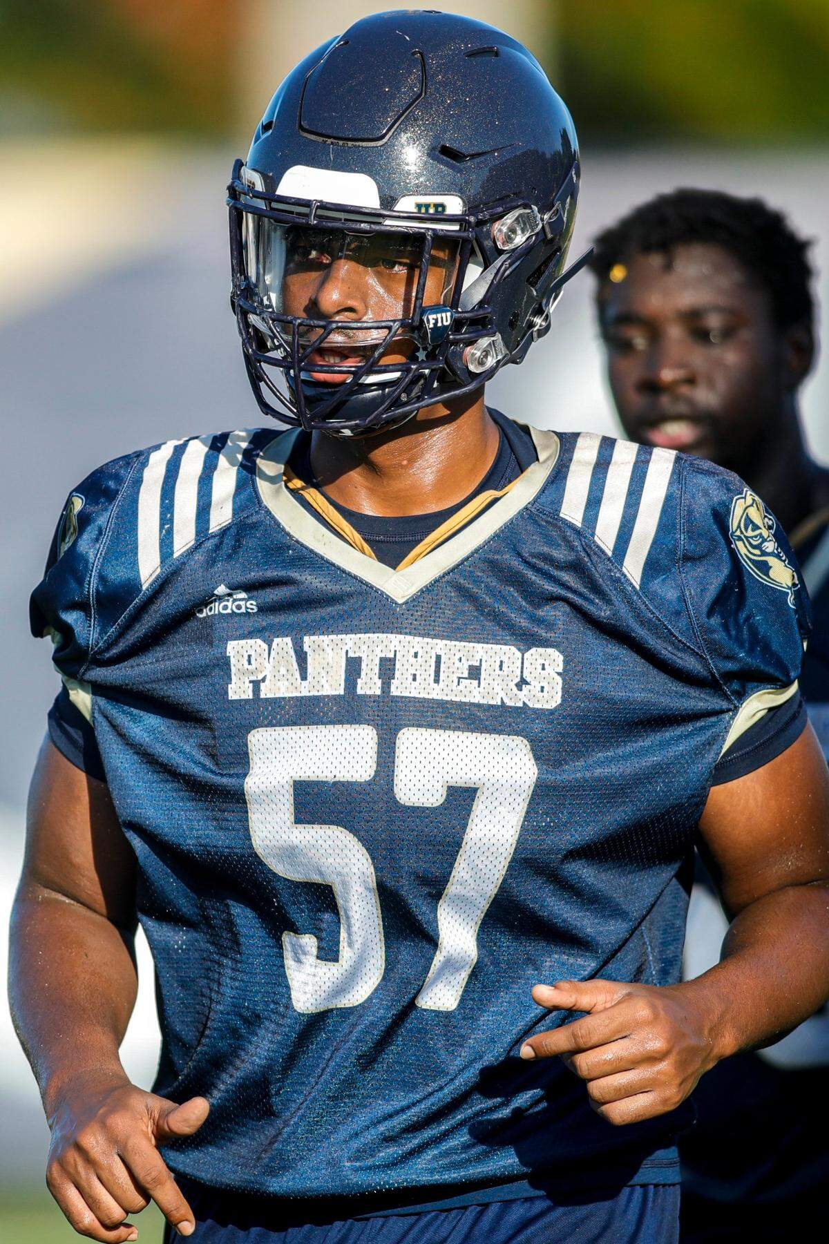 FIU defensive lineman Steven Shannon (57) runs on the field during practice at Florida International University in Miami, Florida, on Tuesday, August 16, 2022.
