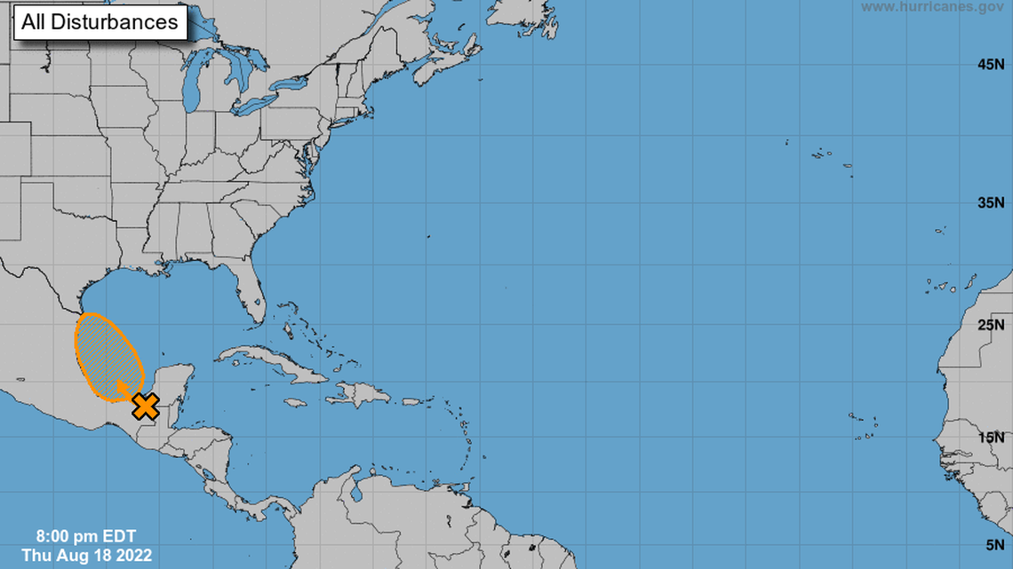 A disturbance moving over southeastern Mexico has become slightly better organized and is on track to move into the Gulf of Mexico soon, forecasters said.