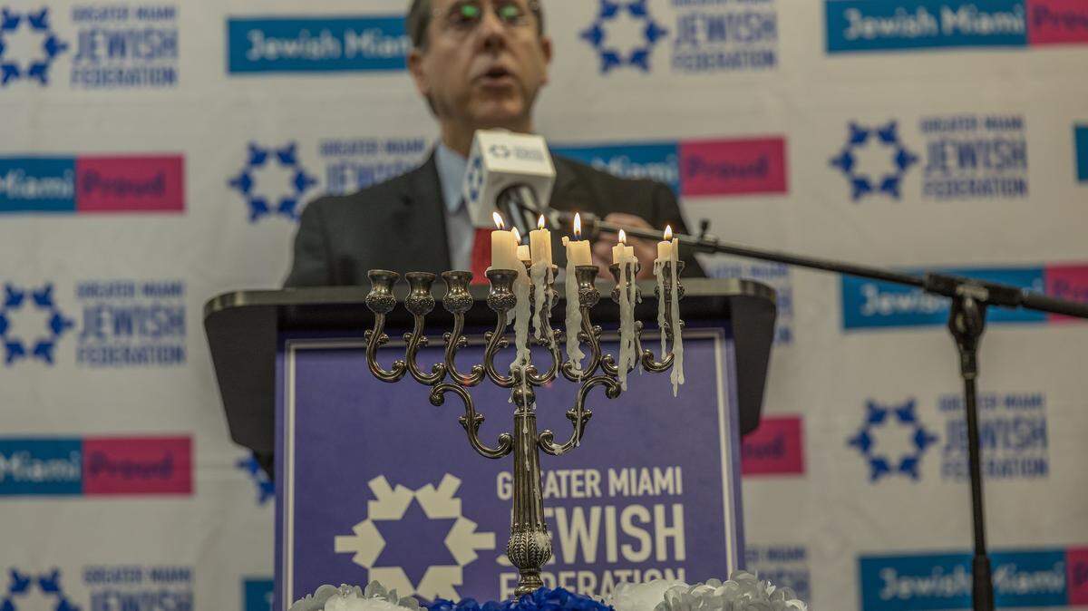 Daniel Frank, Director Anti Defamation League, speaks as local mayors and community leaders joined together to denounce antisemitism in South Florida, during the fourth annual press conference, held at the Greater Miami Jewish Federation, in Miami, Florida, on Thursday, December 18, 2025.