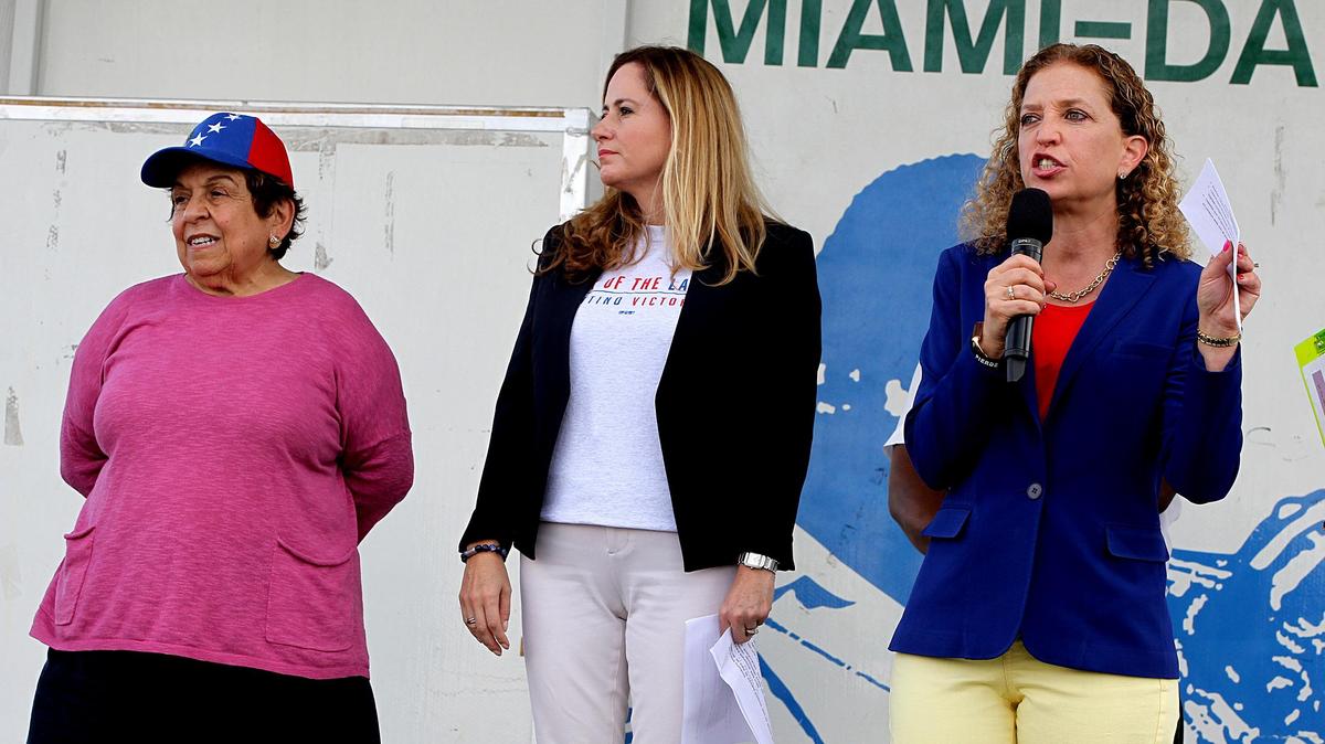 From left, Democratic Congresswomen Donna Shalala, Debbie Mucarsel-Powell and Debbie Wasserman Schultz joined many from the Venezuelan exile community at a protest in Doral Central Park in Doral, Florida, on Saturday, Feb. 2, 2019. Venezuelans took to the streets worldwide to show support for opposition leader Juan Guaido and call for an end to Nicolas Maduro’s presidency.