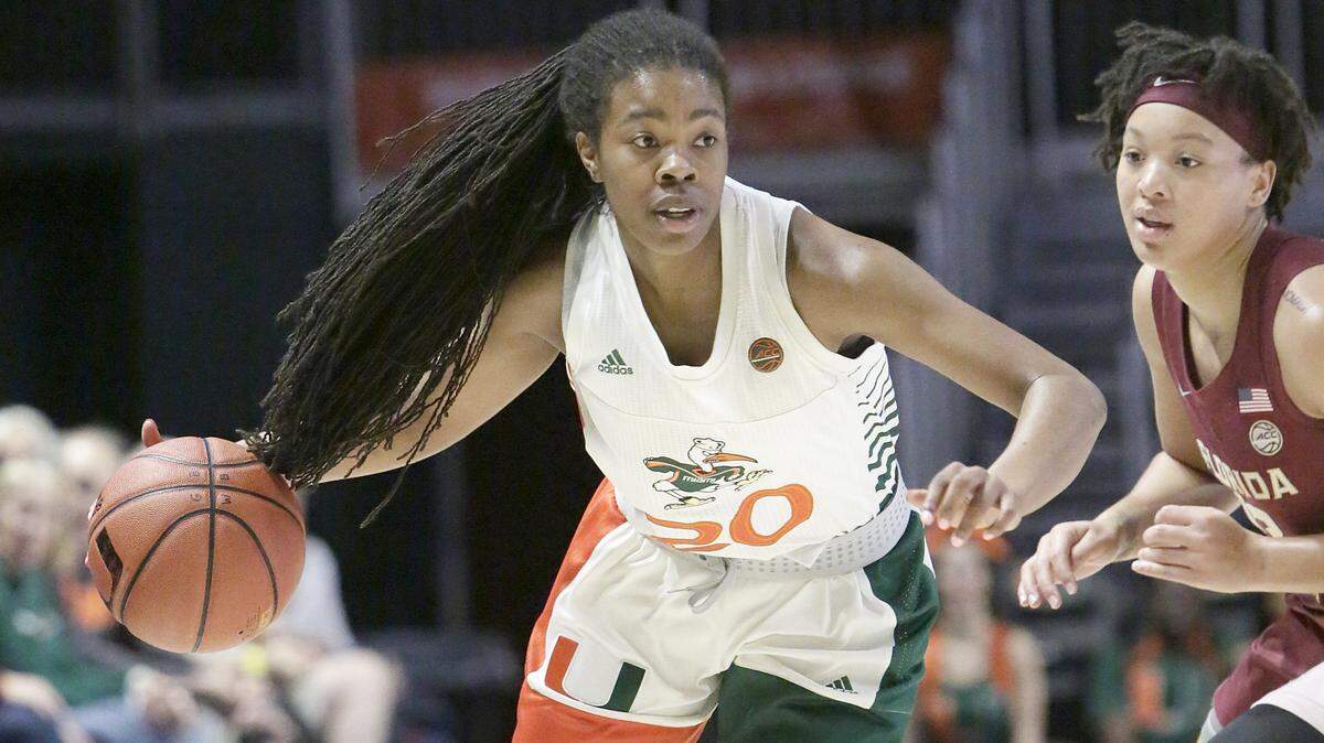UM Hurricanes’ Kelsey Marshall (20), shown against FSU last season, led UM with 19 points in a 79-76 loss to No. 1 Louisville on Jan. 26, 2021.
