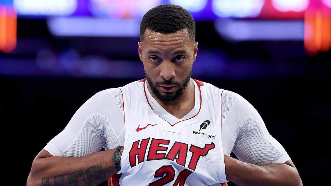 Norman Powell #24 of the Miami Heat reacts in the second half against the New York Knicks at Madison Square Garden on November 14, 2025 in New York City.