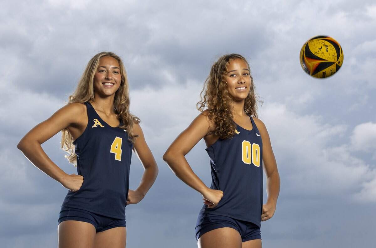 Emma Bear, right, and Violette Zayas, Beach Volleyball, St. Thomas Aquinas High School. All-Broward players photographed at Brian Piccolo Sports Park on Wednesday, May 13, 2026, in Cooper City, Fla.