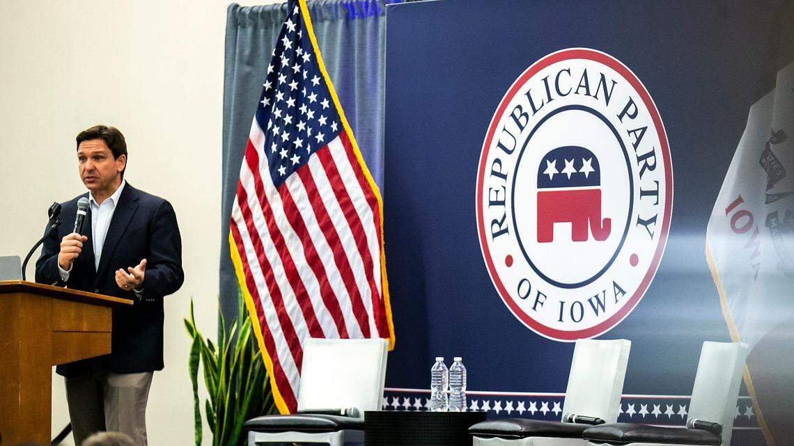 Florida Gov. Ron DeSantis speaks during an Iowa GOP reception on May 13 in Cedar Rapids.
