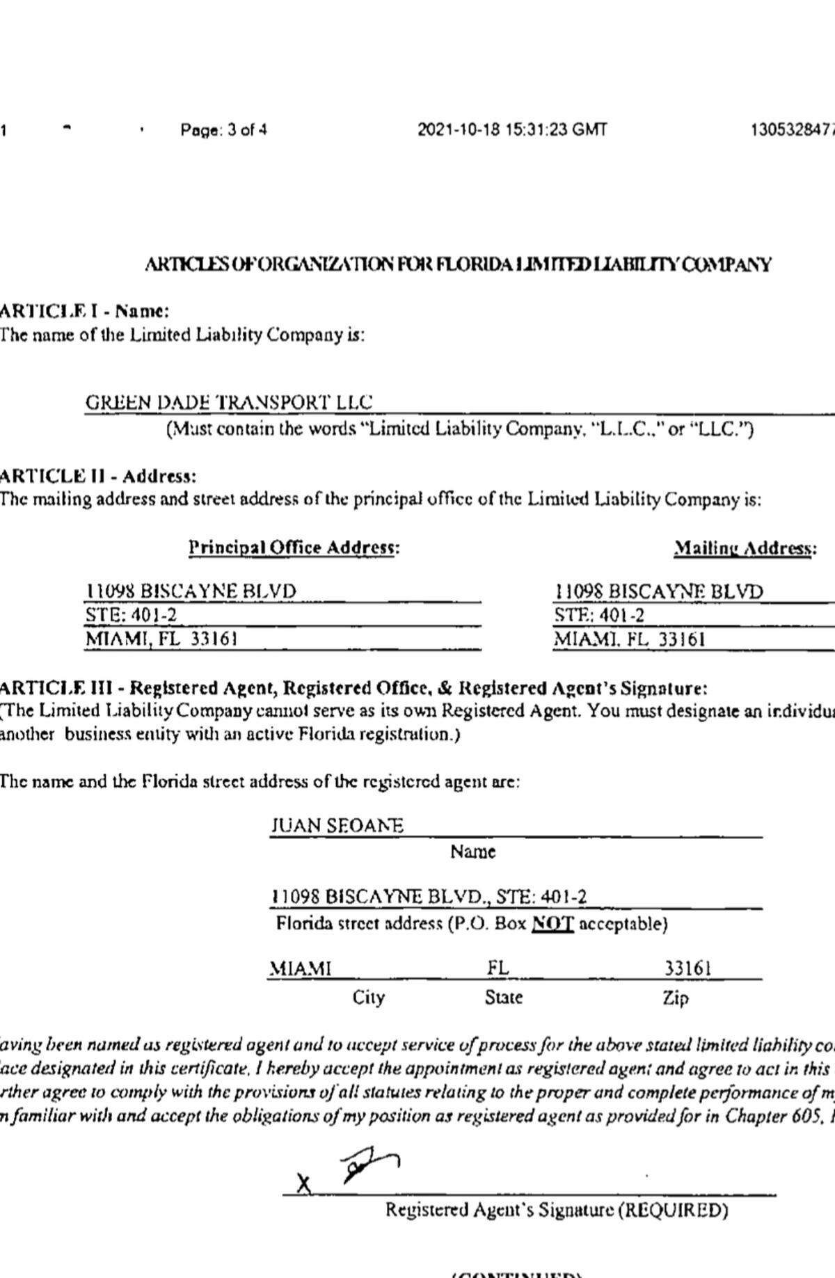 The page of Green Dade Transport’s state registration document that shows the signature of Juan Seoane.