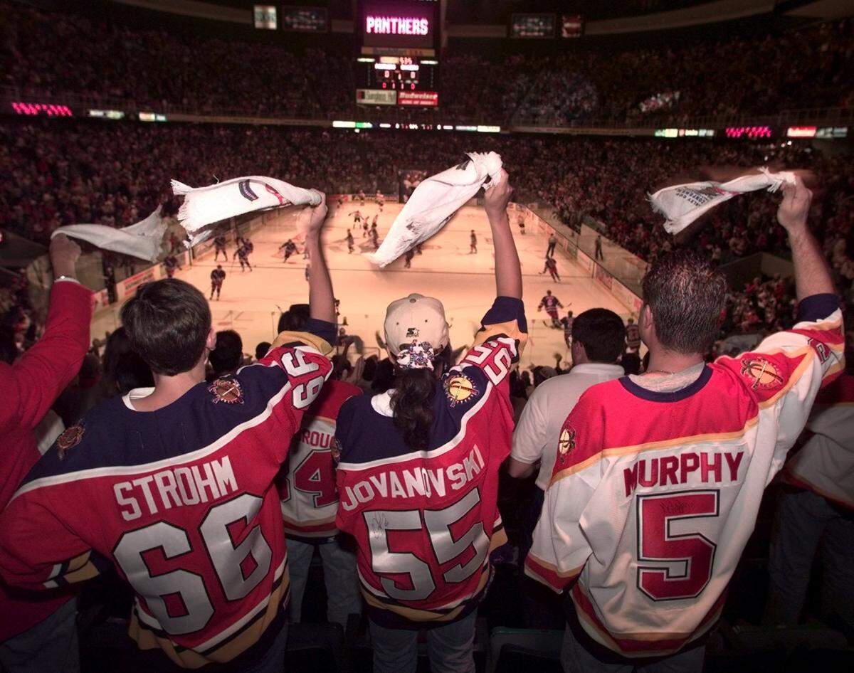 Panthers fans show their spirit as the Florida Panthers and New York Rangers take the ice for Game 1 of their 1997 first round playoff series at Miami Arena. The Panthers 3-0 win would be their last win in a playoff game until 2012.
