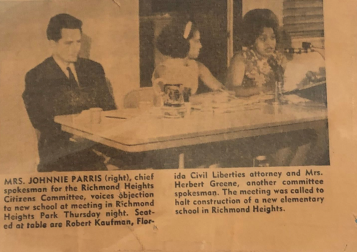 Johnnie Parris, far right, at a public hearing in June 1965 that was called to stop the construction of Richmond Heights Elementary. (Provided by the Parris family.)