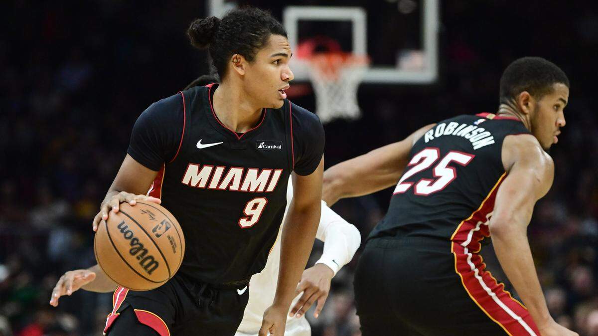 Miami Heat guard Dru Smith (9) brings the ball up court during the first half against the Cleveland Cavaliers at Rocket Mortgage FieldHouse.