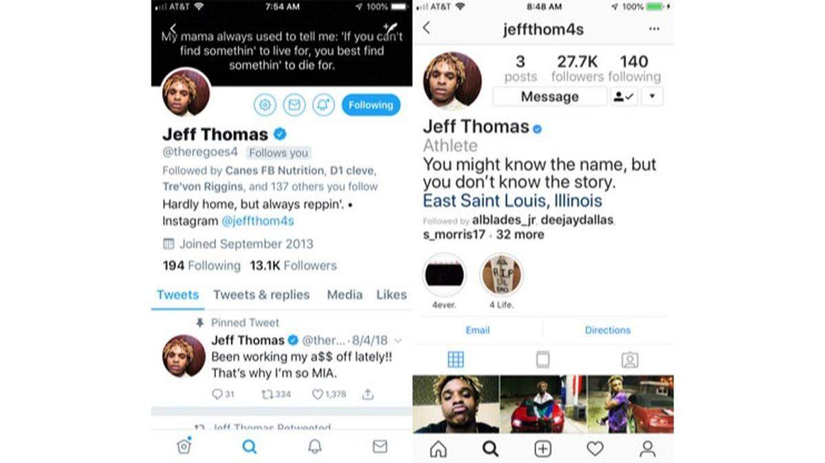 Jeff Thomas’ Twitter account, left, and Instagram account bios from Wednesday morning.