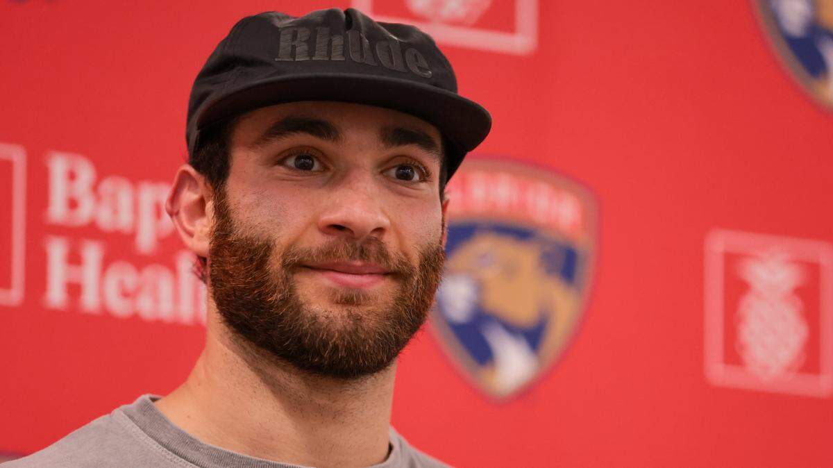 Sep 19, 2025; Fort Lauderdale, FL, USA; Florida Panthers center Luke Kunin (71) speaks to reporters before practice at Baptist Health IcePlex. Mandatory Credit: Sam Navarro-Imagn Images
