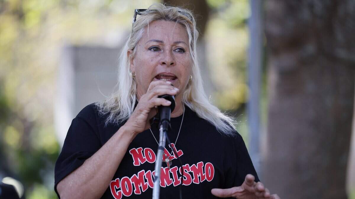 Maritza Lugo Fernandez speaks during a Proof of Life of Our Brothers ceremony at the Bay of Pigs Monument in the Little Havana area of Miami, Florida, on Sunday, March 8, 2026. Cuban dissident groups held a press conference to demand repatriation of the bodies of the men killed in the shootout with the Cuban Coast Guard on Sunday, March 8, 2026. They also demanded that the U.S. citizens involved in the incident be allowed to speak to U.S. diplomatic employees.