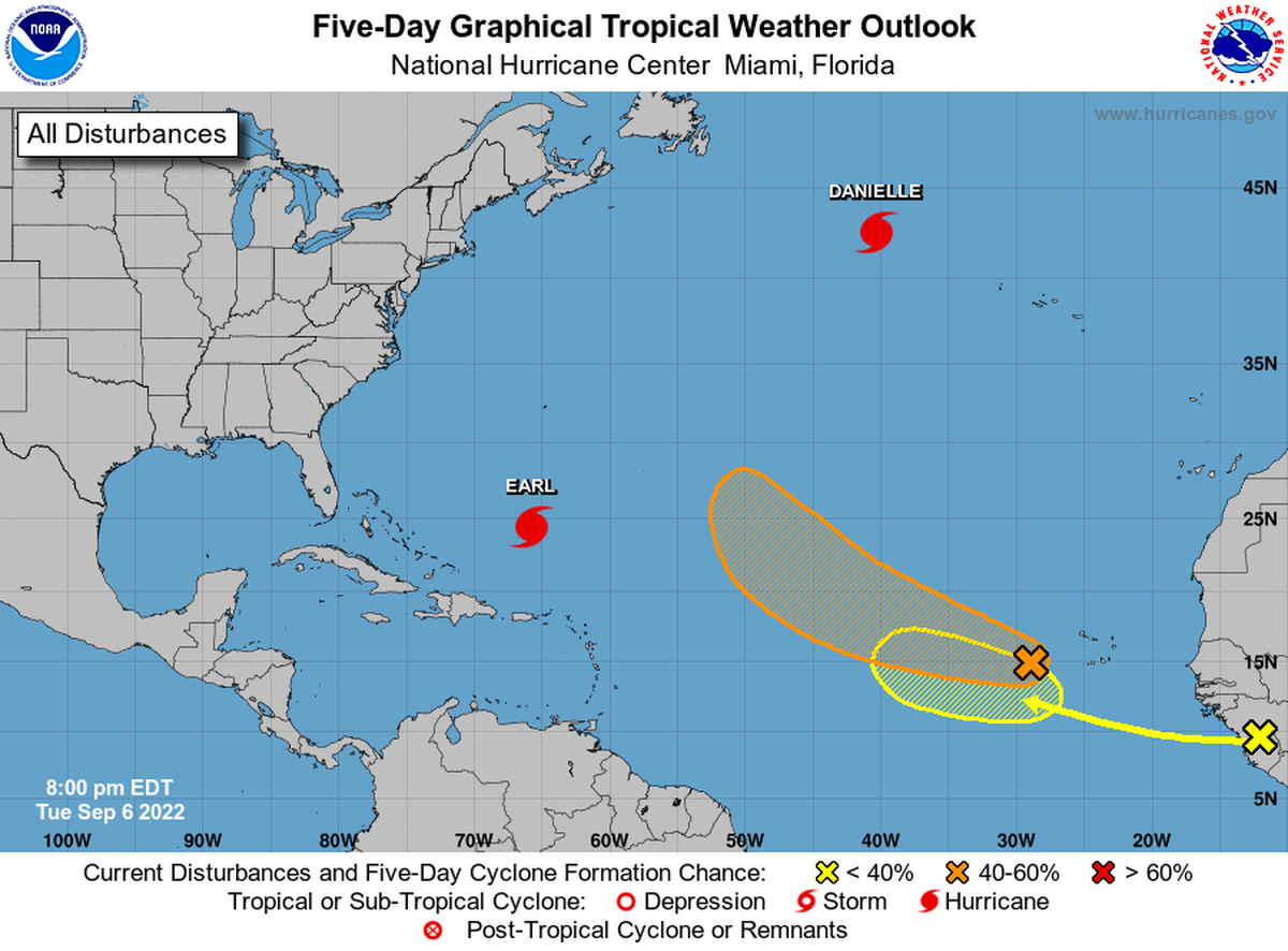 The National Hurricane Center is monitoring Hurricane Danielle, Hurricane Earl and two other systems on Tuesday, Sept. 6, 2022