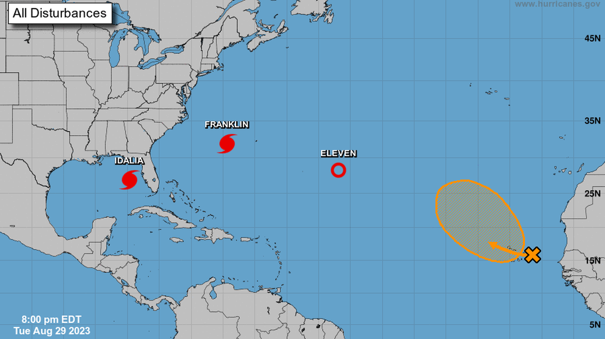 The 8 p.m. advisory map of storms in the Atlantic Ocean.