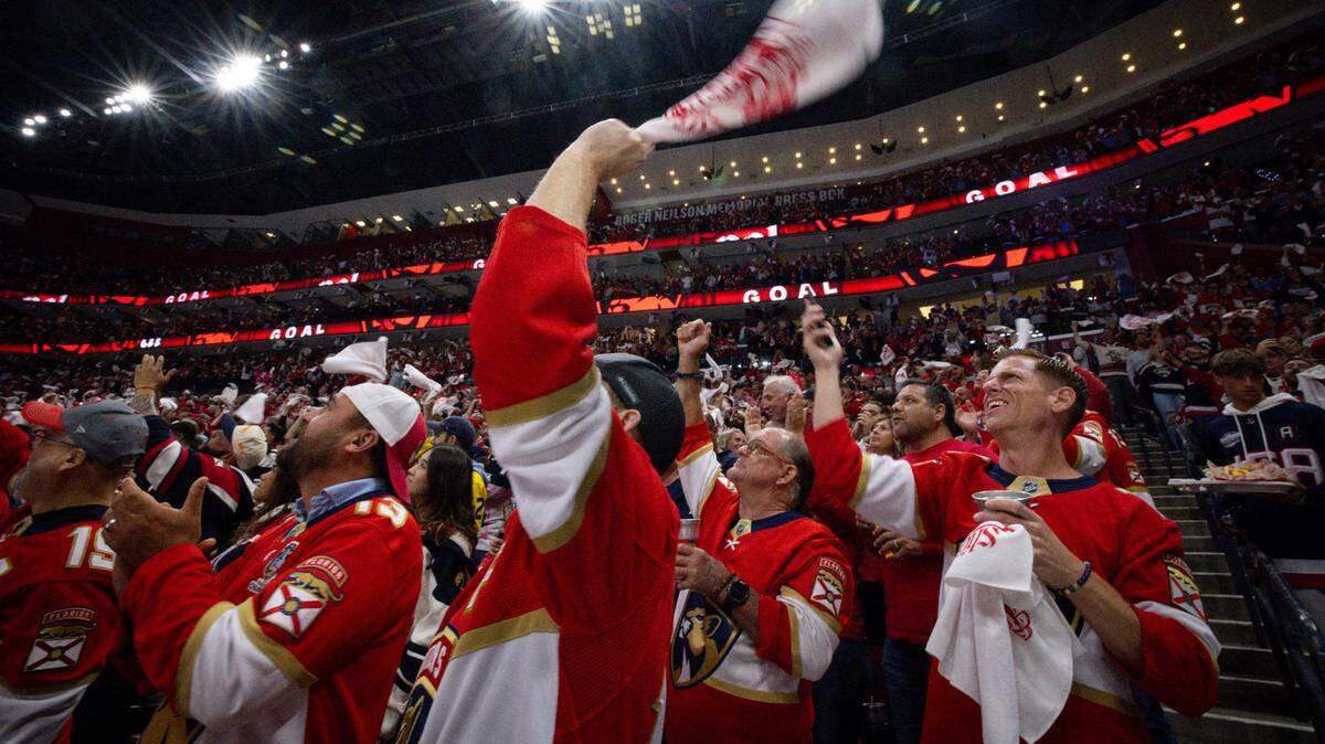 Florida Panthers fans celebrate a goal during the second period of Game 4 of the first-round Stanley Cup playoff series on Monday, April 28, 2025, at Amerant Bank Arena in Sunrise, Fla.