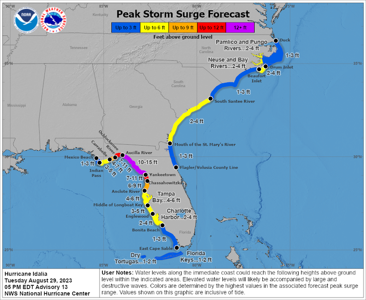 Hurricane Idalia is also forecast to bring life-threatening storm surge to Florida’s Gulf Coast, with some parts of the state expected to see up to 15 feet of surge, according to the National Hurricane Center.