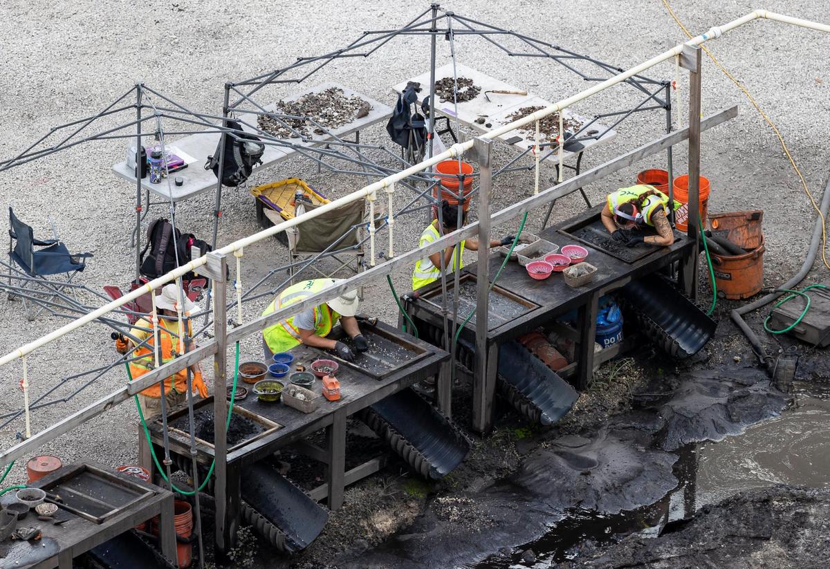 Un equipo arqueológico examina el suelo excavado en el sitio de un complejo de torres residenciales planificado por Related Group en Brickell.