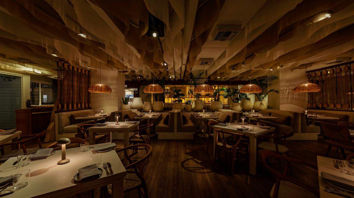 The dining room at Mykonos restaurant, now open in Fort Lauderdale.