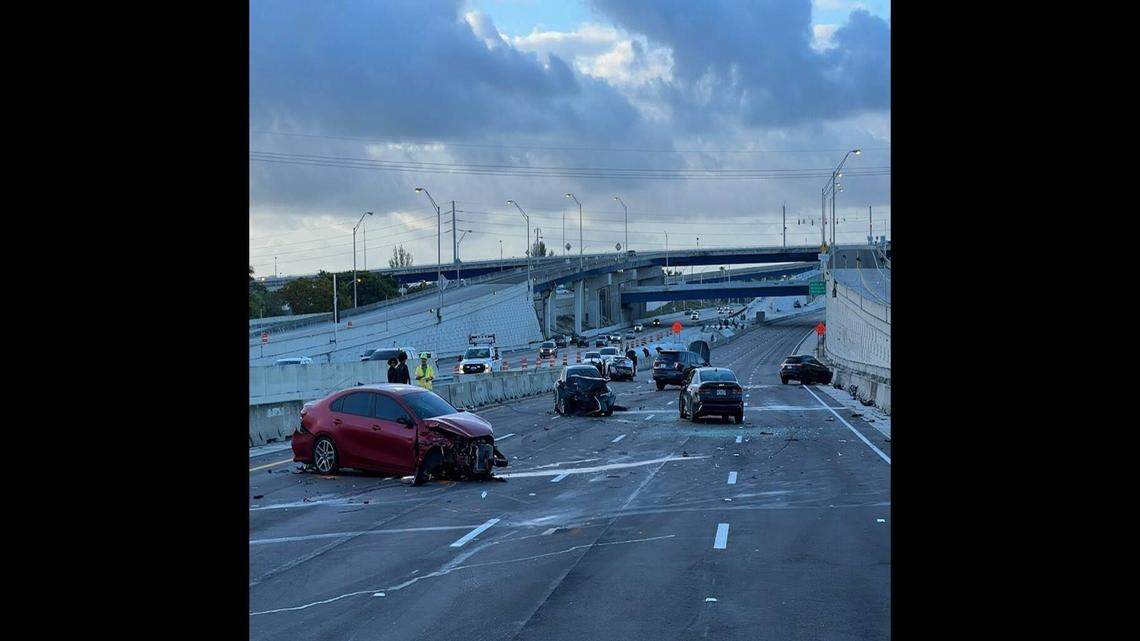A six-car crash shut down Interstate 95 southbound near Marina Mile Bouelvard on Sunday, Feb. 11, 2024.