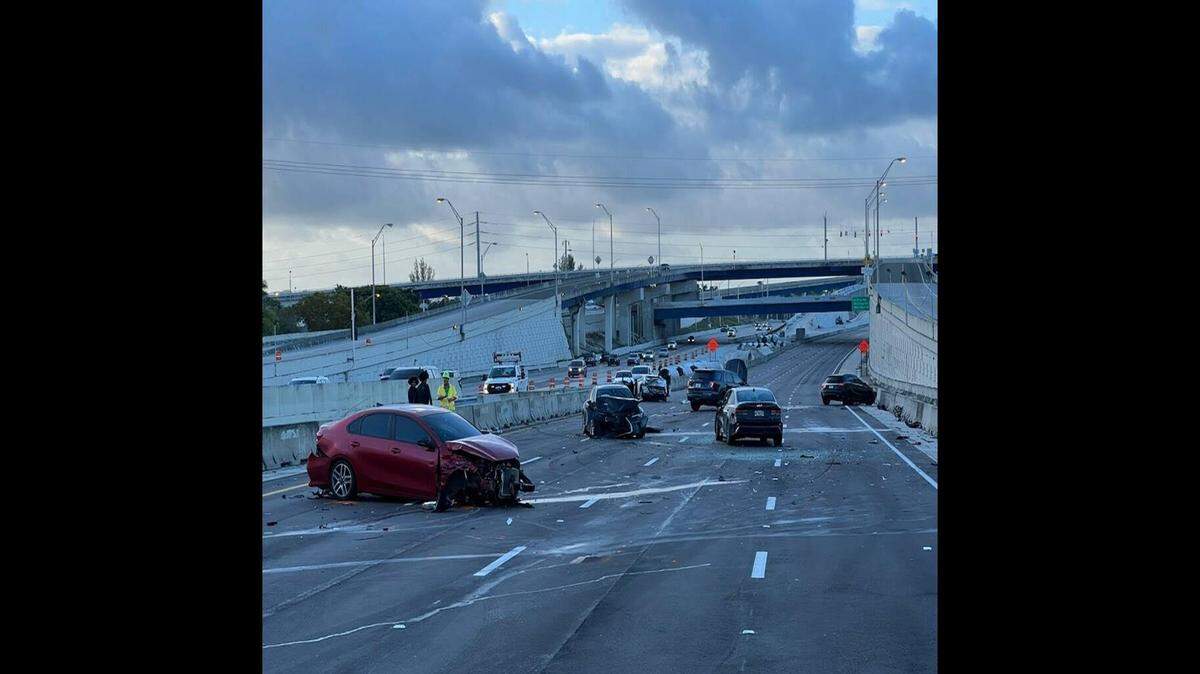 The six-car crash that shut down Interstate 95 southbound near Marina Mile Bouelvard.