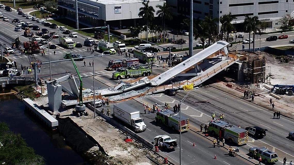View of  the main span of the FIU-Sweetwater University City Bridge after collapsing March 15, 2018.
