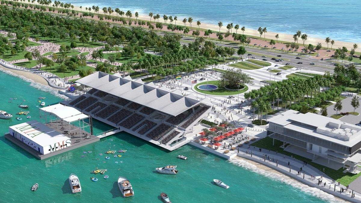 Un "render" arquitectónico muestra desde arriba un Miami Marine Stadium restaurado con un nuevo escenario flotante al frente. A la derecha se ve el edificio marítimo propuesto.
