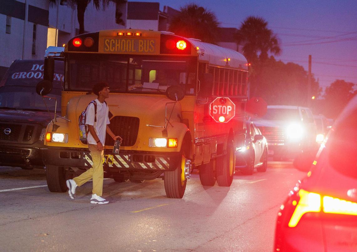 Students arrive at Hialeah Miami Lakes High School on the first day of school for Miami-Dade Public Schools, on Thursday, Aug. 17, 2023.