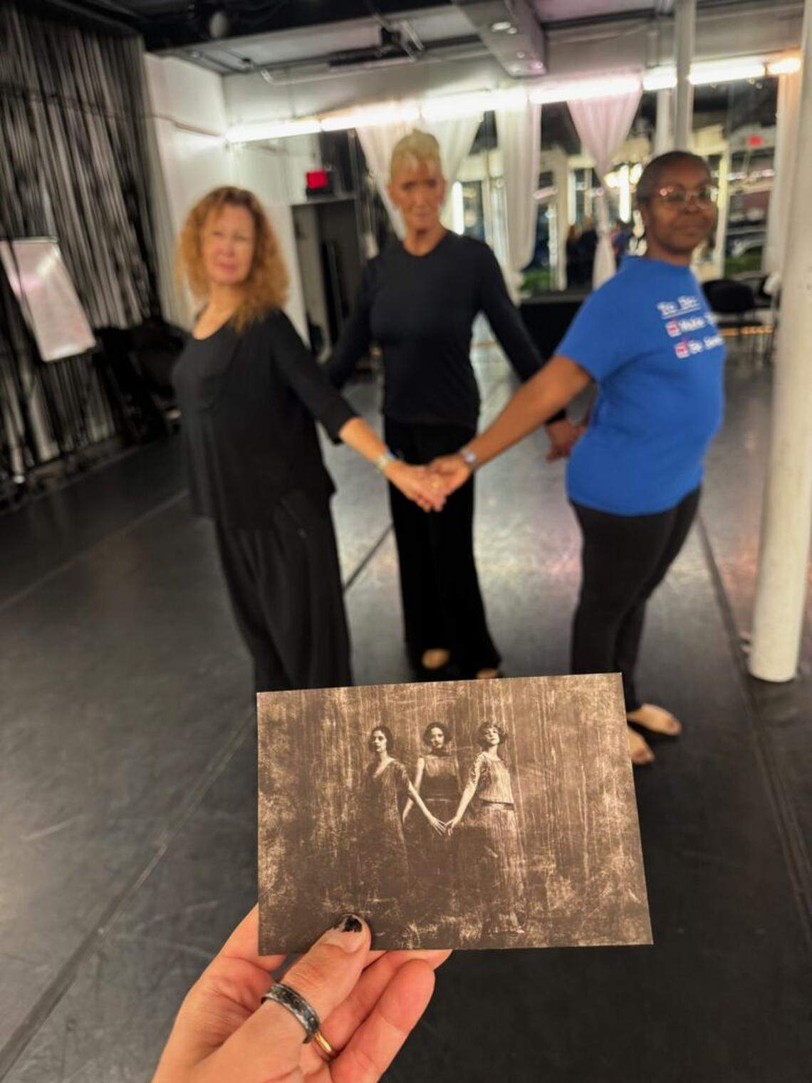 Gaile Holland, Andréa Labbée, Lisa Nalven in a work-in-progress performance of “In the Belly of the Bird/Godmother.”