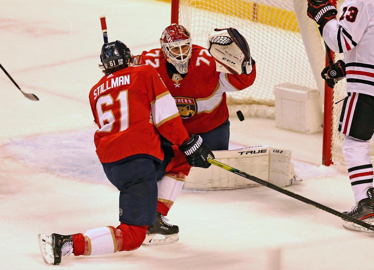 Florida Panthers Sergei Bobrovsky (72) misses a puck as the Chicago Blackhawks score in the first period at the BB&T Center in Sunrise, Florida, Tuesday, January 19, 2021.
