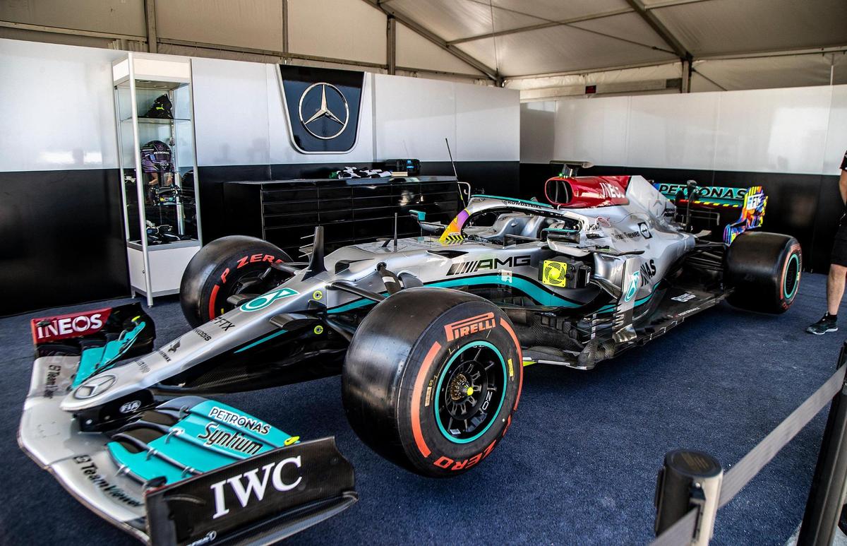 The Mercedes AMG Petronas F1 Team’s 2021 W12 car, a 9-foot-long vehicle, is on display in the sands of South Beach to celebrate the Formula 1 race weekend ahead of Sunday’s Miami Grand Prix, Formula for Day One of the FTX Off the Grid Fan Fest on Friday, May 6, 2022.