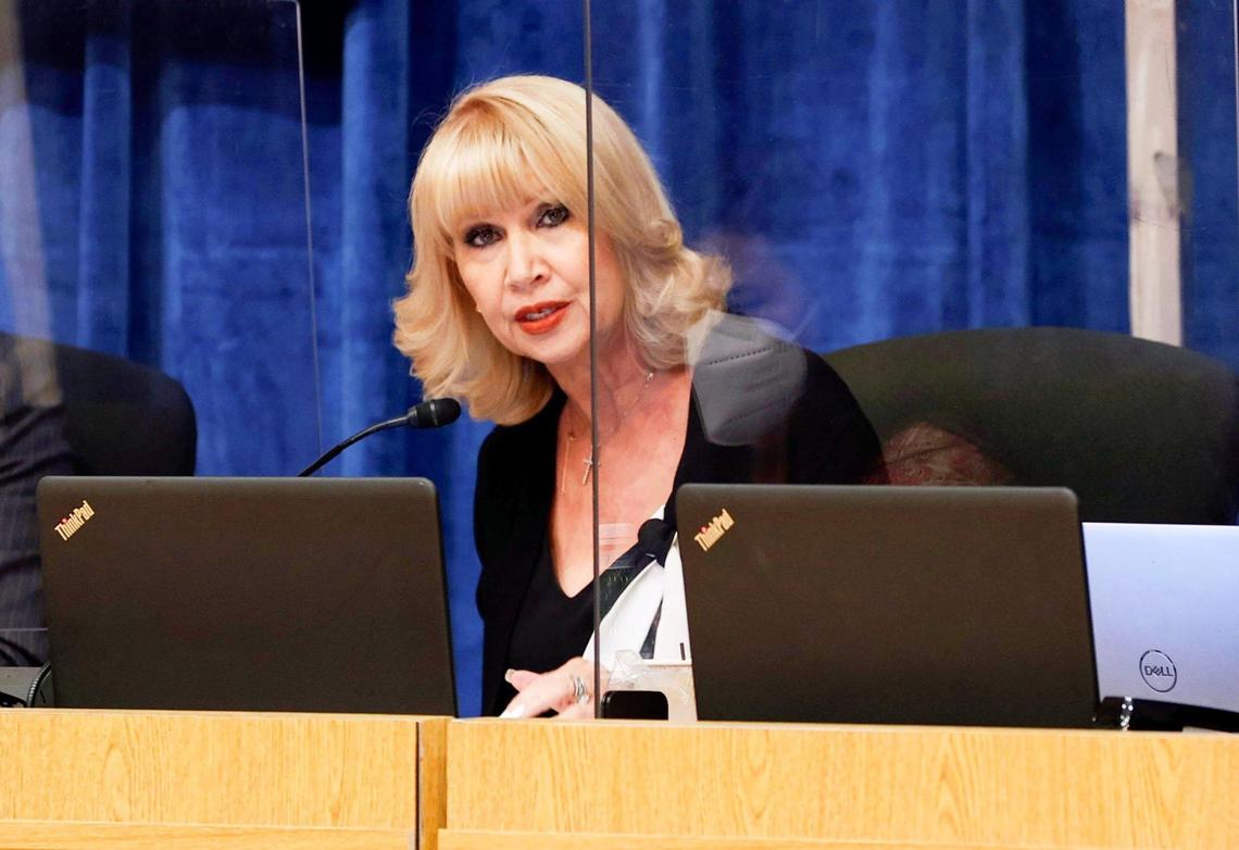 Miami-Dade School Board District 6 Board Member Ms. Mari Tere Rojas reacts during a special meeting where the board reversed its decision to ban the recommended health and sex-education textbook at Miami-Dade County School Board Administration Building in Miami, Florida, on Thursday, July 28, 2022.