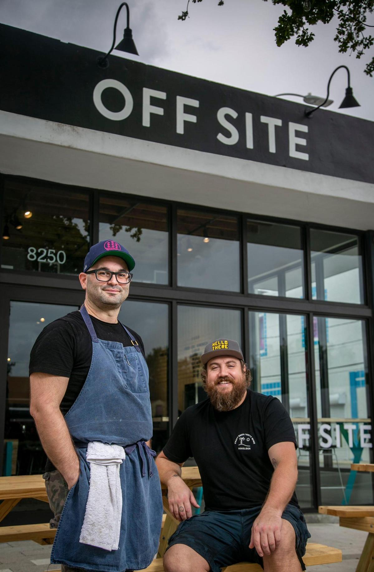 Miami, Florida, November 18, 2021 - Steve Santana, left, founded Miami’s popular Taquiza tacos, Adam Darnell, right, founded Wynwood’s Boxelder craft beer bar. Now they’ve joined to open the new micro brewery and restaurant Off Site in Little River.