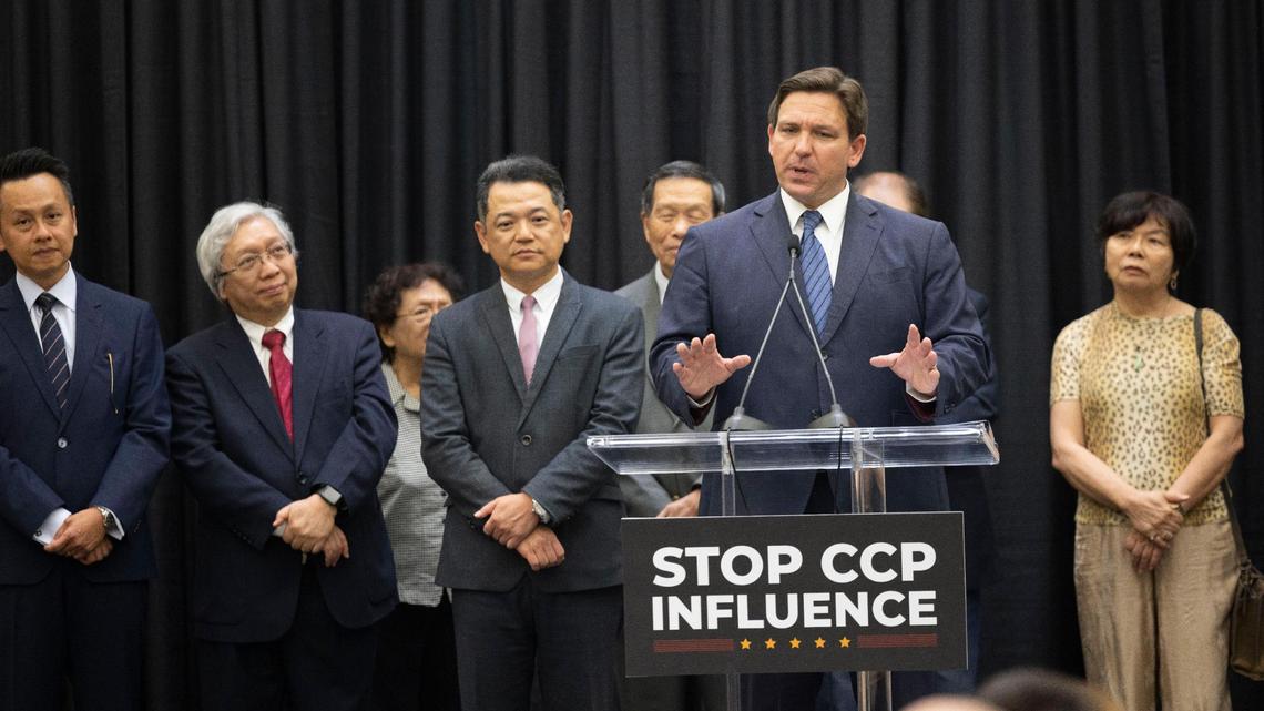 Governor Ron DeSantis reacts while being questioned about the migrants that were dumped in Martha’s Vineyard, Massachusetts, last week during a press conference on Thursday, Sept. 22, 2022, at the Miami Dade College Wolfson Campus.