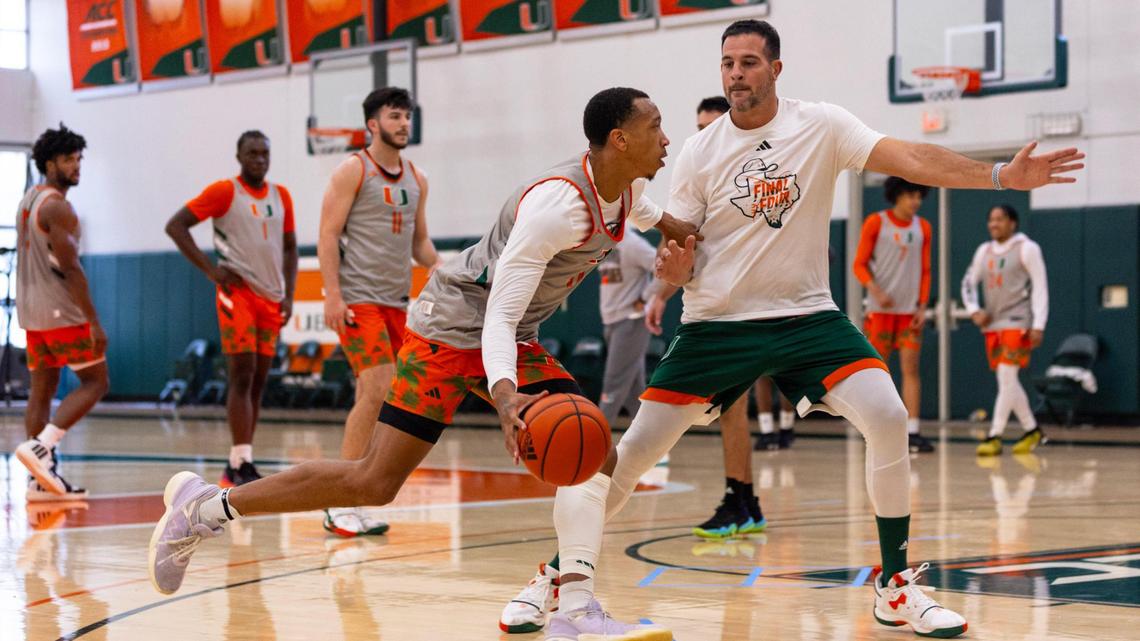 University of Miami guard Matthew Cleveland (0) drives toward the basket during UM basketball practice at the field house in Coral Gables, Florida, on Tuesday, September 26, 2023.