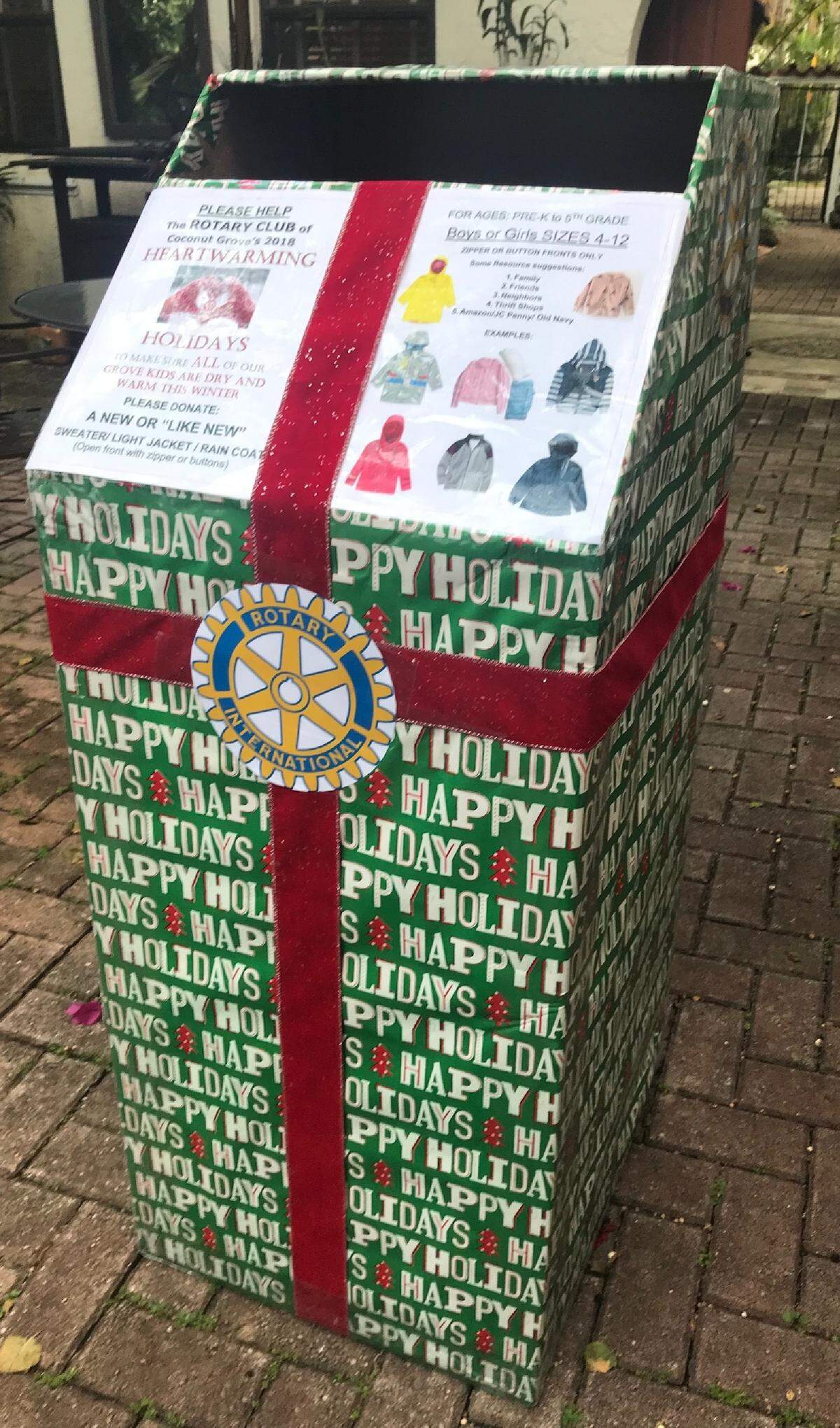 Look for boxes like this in Coconut Grove to donate sweaters, jackets and raincoats for pre-K to fifth grade Grove children in need.