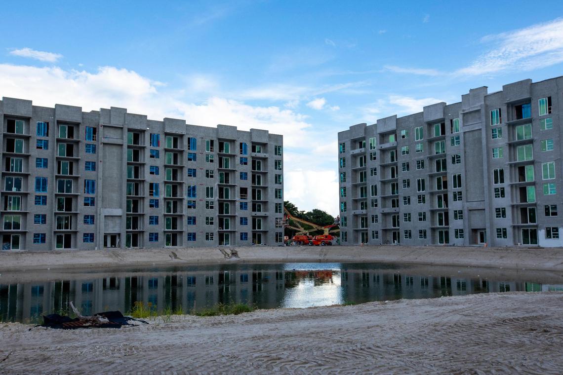 Construction for The Pomelo apartments in Miami Gardens, Florida, on Thursday, October 15, 2020. The mixed-use development project will have three residential buildings as well as a clubhouse, and is adjacent to the Super Walmart and south of the Hard Rock Stadium.