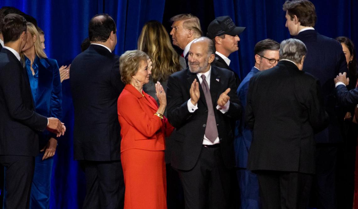 Republican presidential nominee former President Donald Trump leaves after speaking during his election night party flanked by family and friends at the Palm Beach County Convention Center on Tuesday, Nov. 5, 2024, in West Palm Beach, Fla.