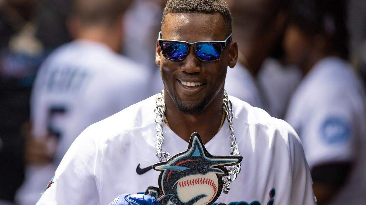 Miami Marlins left fielder Jorge Soler (12) celebrates after scoring a home run against the Minnesota Twins during the eighth inning of an MLB game at loanDepot park on Wednesday, April 5, 2023, in Miami, Fla.