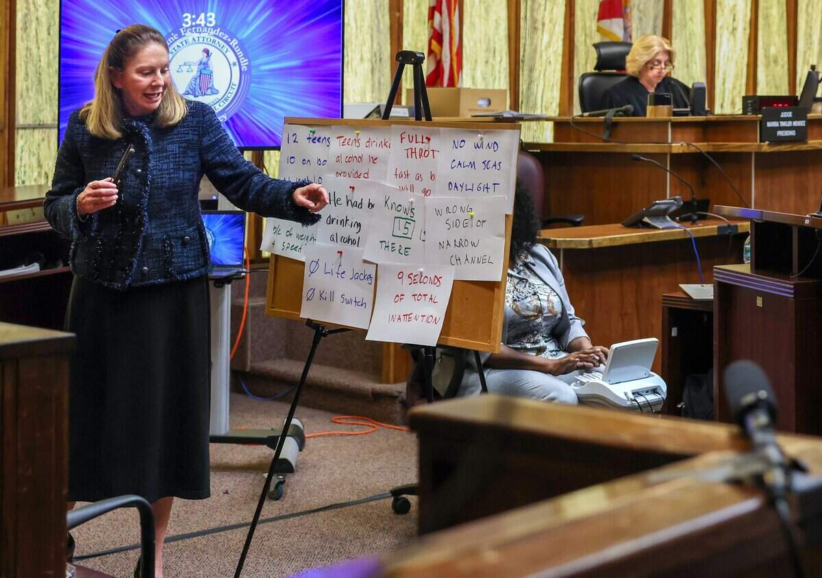 Lead prosecutor Laura Adams offers a rebuttal argument during closing argument by the State on Monday, June 22, 2026  in Courtroom 4-1 at the Richard E. Gerstein Justice Building in Miami, Florida.  Adams urged the jury to find George Pino guilty of manslaughter and vessel homicide charges linked to boat crash that killed Lucy Fernandez.