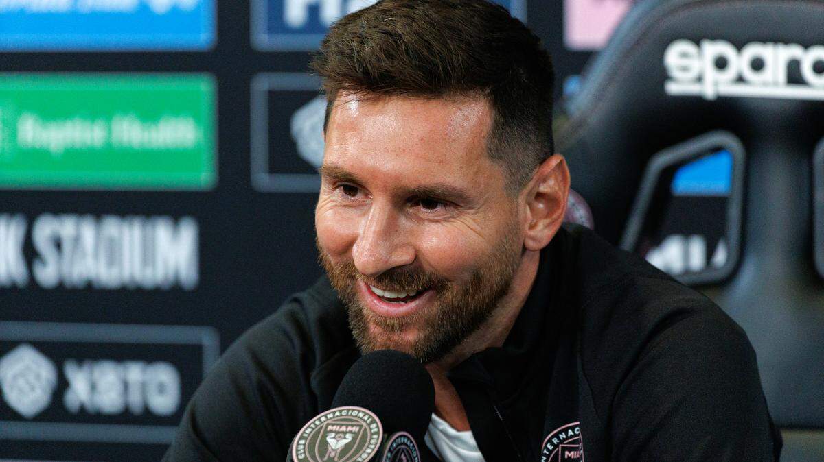 Inter Miami forward Lionel Messi speaks with the media during a press conference at DRV PNK Stadium on Thursday, Aug. 17, 2023, in Fort Lauderdale, Fla.