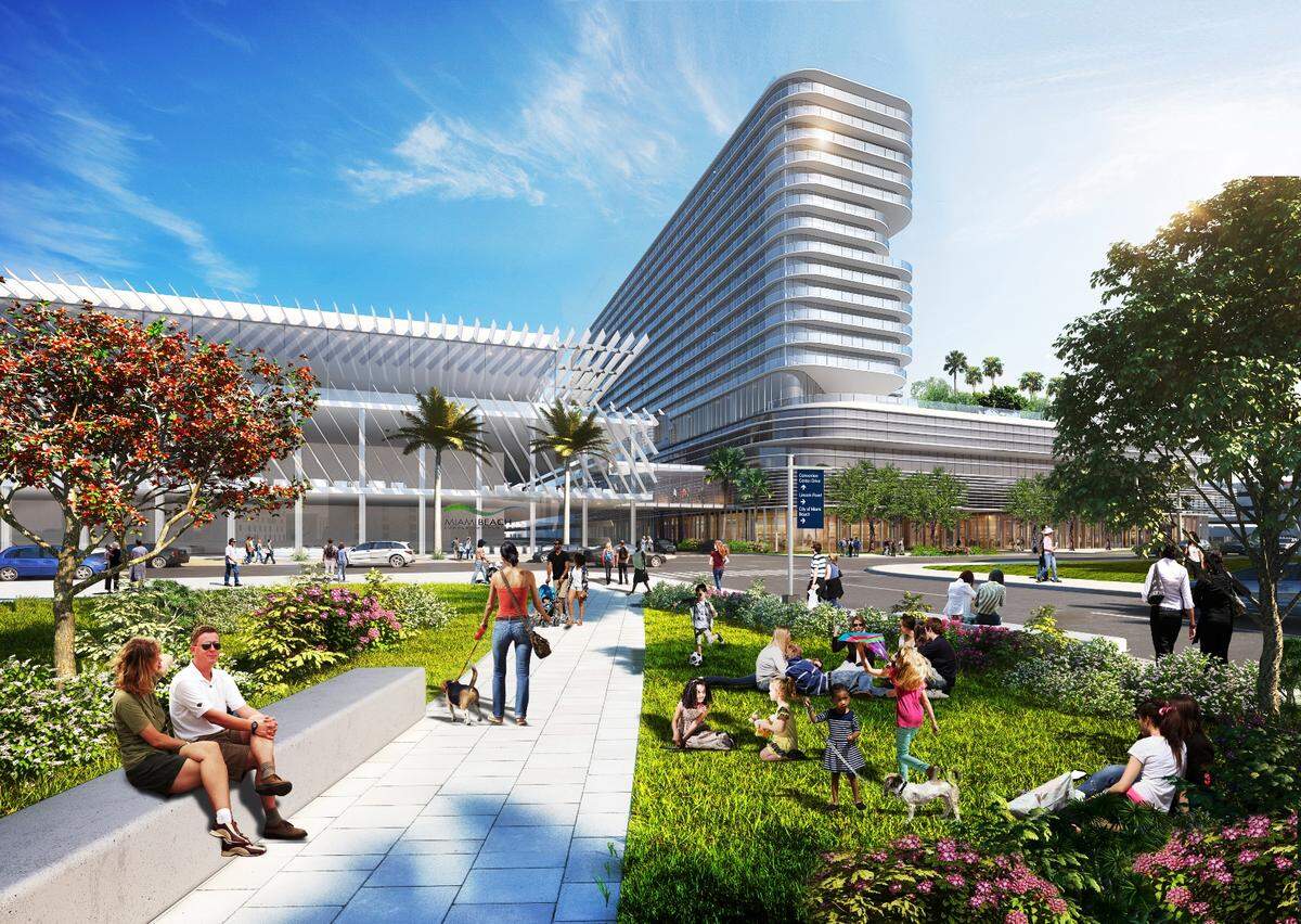 An architectural rendering depicts the Miami Beach Convention Center hotel, at right. The hotel, developed by Terra Group and Turnberry, was designed by Miami’s Arquitectonica and is under construction.