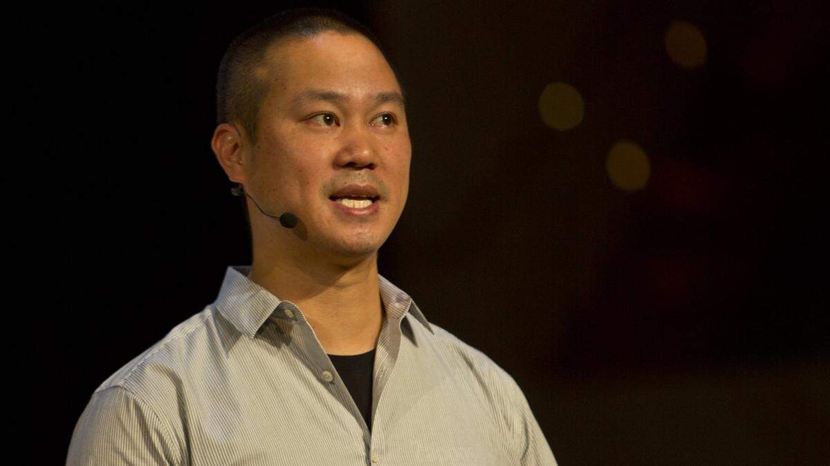 Tony Hsieh, chief executive officer of Zappos, gives a talk on ‘The City as the Start-Up: How to Jumpstart the Movement’ at the Start-Up City: Miami event held at the New World Center on Wednesday, Feb. 13, 2013.