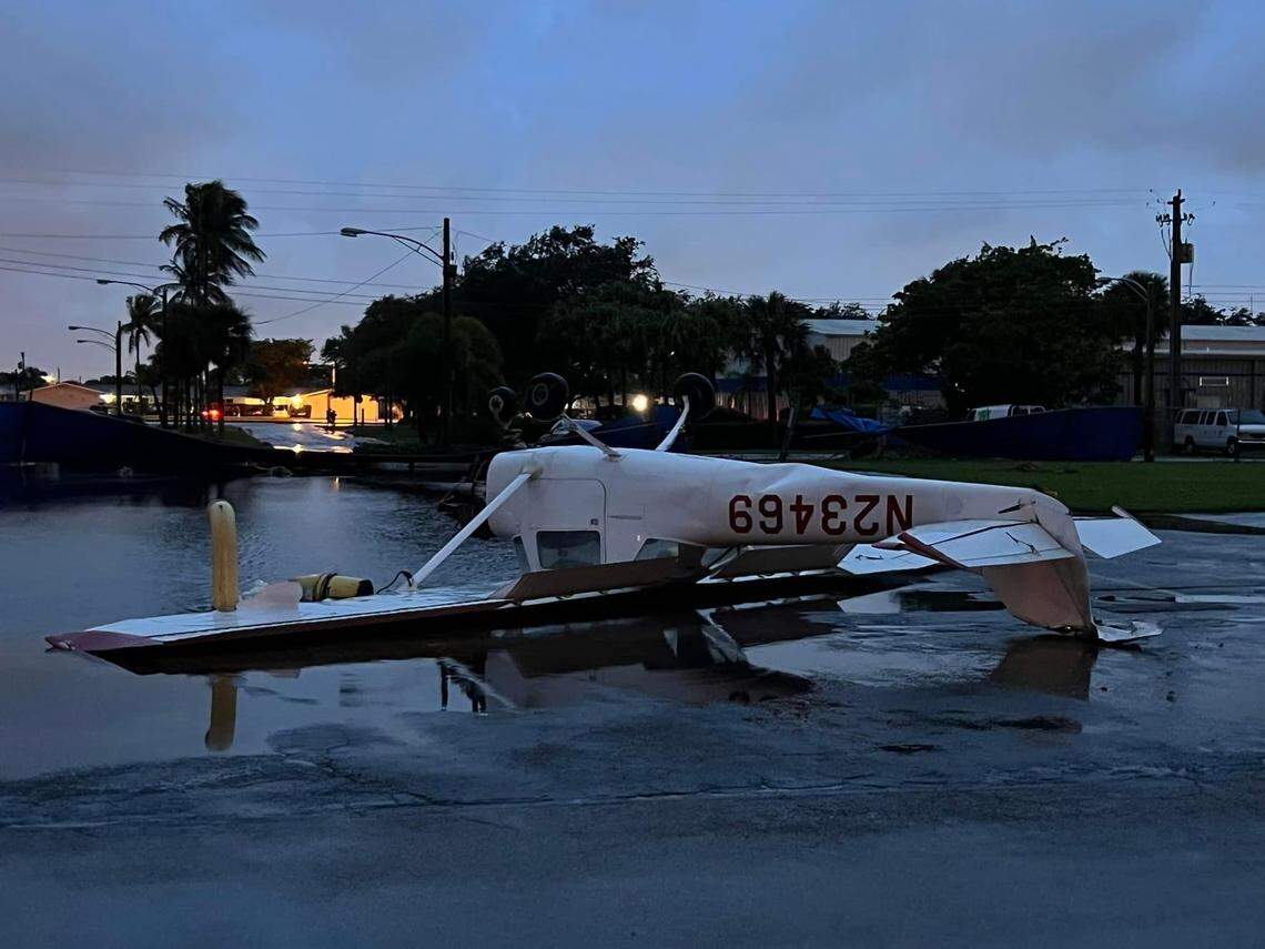 Several airplanes at the North Perry Airport flipped and broke after a tornado swooped nearby ahead of Hurricane Ian’s landfall on Tuesday, Sept. 27, 2022.