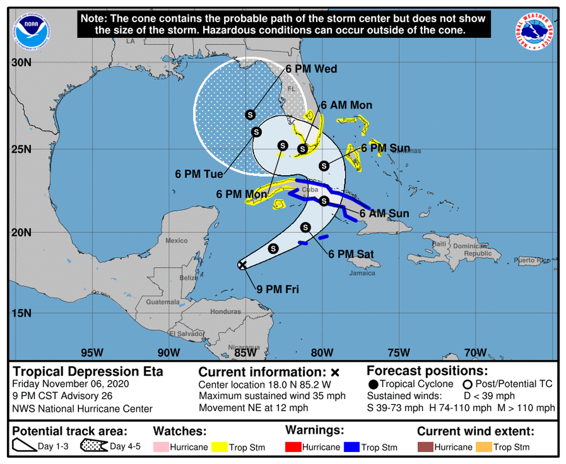 Tropical Depression Eta is expected to re-strengthen to a tropical storm later Friday night.